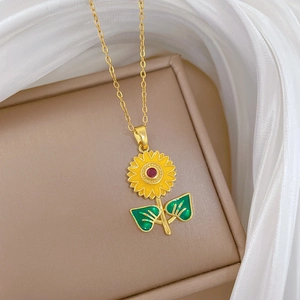 Luxurious titanium steel necklace with sunflower pendant and vibrant enamel details