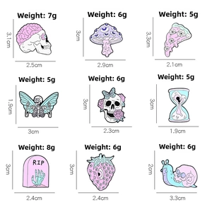 Detailed grid of Halloween pins featuring mushroom skull and strawberry eyeball designs