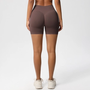Close-up of high-waisted seamless scrunch butt lifting shorts in coffee brown