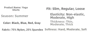 Detailed specs for high-waist yoga shorts featuring 75% nylon and 25% spandex fabric
