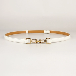 White adjustable leather belt for women with vintage bronze buckle on solid background