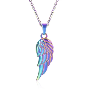 Close-up of rainbow gradient wing pendant in 18k gold-plated mirror finish stainless steel