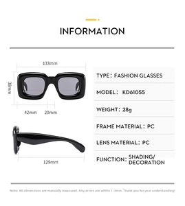 Detailed size chart for kids square bubble sunglasses with precise frame dimensions