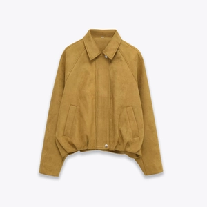 Women Faux Suede Bomber Jacket Mustard Yellow Lapel Collar Zip Up Loose Short Flight Coat Pockets Casual