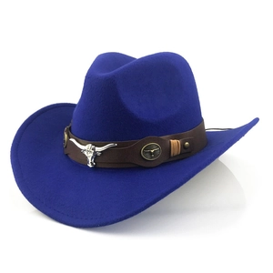 Detail of blue wool felt cowboy hat with leather band and silver bull head emblem