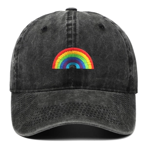 Washed black cotton baseball cap with rainbow embroidery and vintage casual style