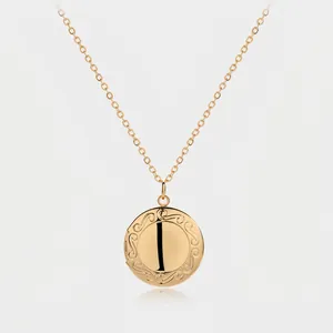 Vintage Round Photo Locket Necklace Copper 18K Gold Silver Plated Scroll Pattern Embossed Mirror Finish Memory Jewelry Gift