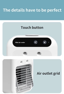 Detail view of the touch button panel and adjustable air outlet grid on the mini air cooler