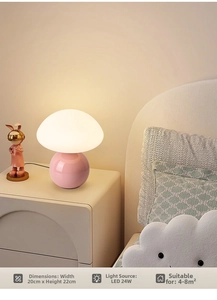 Detail view of pink mushroom lamp showing 20x22cm dimensions and 24W LED light source