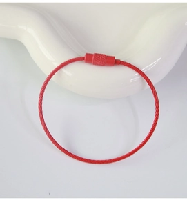 Detail of red coated stainless steel wire keychain with secure screw lock closure
