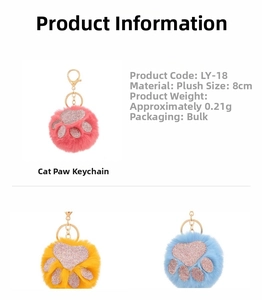 Close-up of plush cat paw keychains with glitter paw pads in pink, yellow and blue