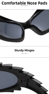 Detail of ergonomic nose pads and robust metal hinges on black spiky cycling sunglasses