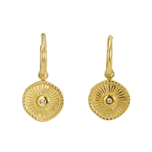 Golden titanium steel hoop earrings with sunburst engraved disc and crystal center