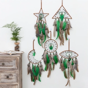 5-piece set of handmade dream catchers with brown frames and green feathers