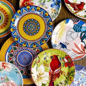 Bohemian Ceramic Dinner Plate Vintage Underglaze Floral Mandala Round Steak Pasta Plate For Restaurant Home Microwave Safe