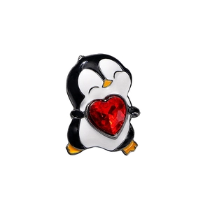 Cute penguin cartoon brooch with rhinestones and a red heart jewel on white background