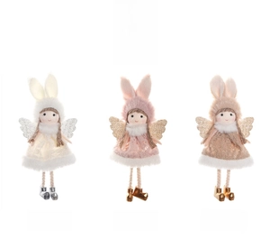 Three plush angel rabbit hanging ornaments in white, pink, and brown with sequin mesh skirts