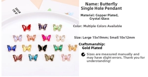 Close-up of colorful crystal butterfly charms in 15 gradients with gold plated edges