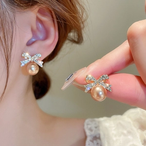 Boucles d'oreilles nœud avec strass et perles d'imitation or champagne pour femmes