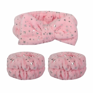 Pink plush headband and wristband set with silver star print for face washing and spa
