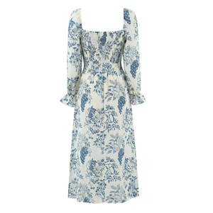 French style square neck floral midi dress with puff sleeves and ivory blue print