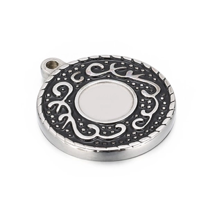 Polished silver titanium steel round pendant necklace with black enamel swirl patterns
