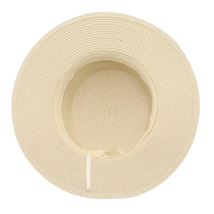 Detail view of woven straw sun hat showing interior sweatband and adjustable drawstring