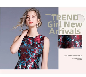 Detail of elegant red and blue floral print on glossy satin sleeveless dress