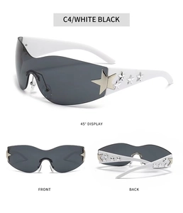 Three-view display of Y2K star sunglasses with white frames and dark lenses