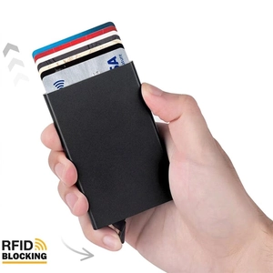 Slim black RFID blocking metal card holder with pop-up slider and anti-theft function