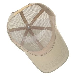 Detail view of khaki trucker hat showing breathable mesh and adjustable snapback closure