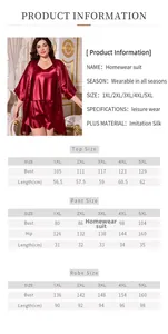 Detailed size chart for women's plus size 3-piece silk satin sleepwear set from 1XL to 5XL