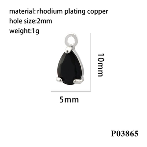 Detail view of a black teardrop zircon pendant with 10x5mm size and 2mm hole diameter