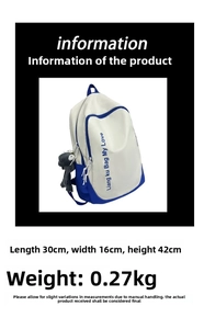 Detailed size chart for the beige and blue canvas backpack with dimensions and weight