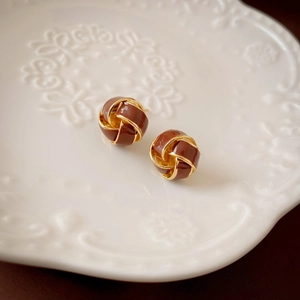 Vintage Woven Knot Stud Earrings Gold Plated Copper Enamel Brown With 925 Sterling Silver Earring Post French Style Women