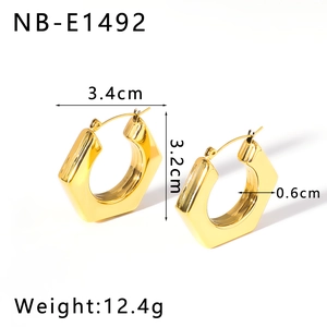 Detail view of gold hollow hexagonal hoop earrings with precise size and weight specs