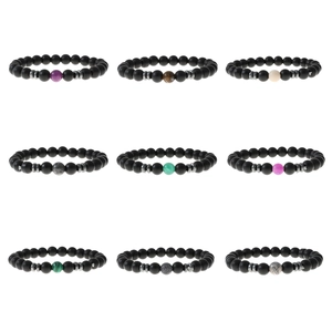 Set of 9 matte black natural stone bead bracelets for men with colorful center accent beads
