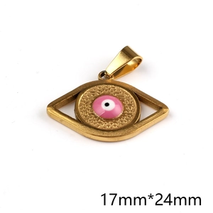 Detail of pink evil eye pendant in gold finish, measures 17mm x 24mm for DIY jewelry