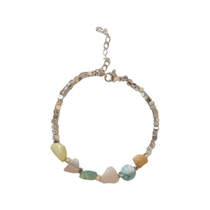 Handmade beaded bracelet with irregular colorful stones and silver square metallic beads