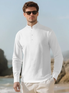 Close-up of a men's white linen Henley shirt with a stand collar for beach casual wear