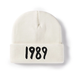 Classic cream 1989 embroidered knit beanie hat for winter warmth and hip hop style