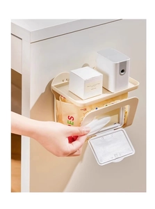 Wall-mounted wipes dispenser in beige with top shelf for bathroom storage