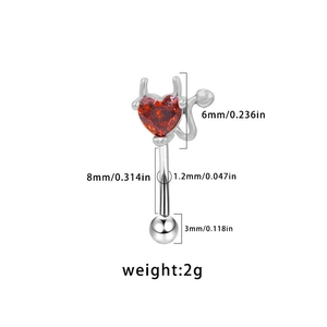 Detail showing red heart zircon navel ring dimensions 1.2mm gauge and 8mm length