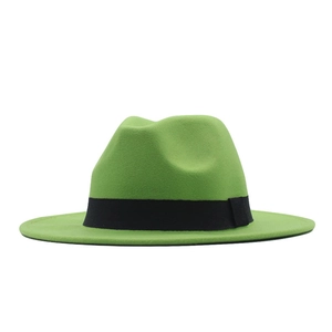 Classic green wool felt wide brim fedora hat with elegant black decorative band