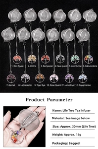 Detailed view of 304 stainless steel tea infuser with colorful crystal tree of life charm