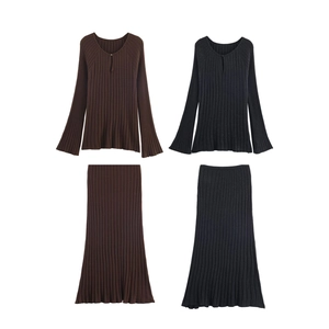 Knitted Long Sleeve Top And Midi Skirt Ribbed Rib-Knit Solid Streetwear Casual Regular Fit Ribbed Fabric For Women