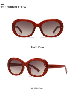 Modern oval red sunglasses with silver rivet accents and tea gradient lenses