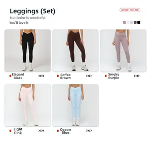 Detail of high waisted yoga leggings with cross waist and side pockets in five colors