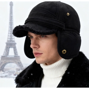 Close-up of winter aviator hat with thick fleece lining and warm ear flaps in black