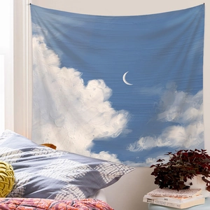 Detailed view of an oil painting style wall tapestry featuring blue sky and white clouds